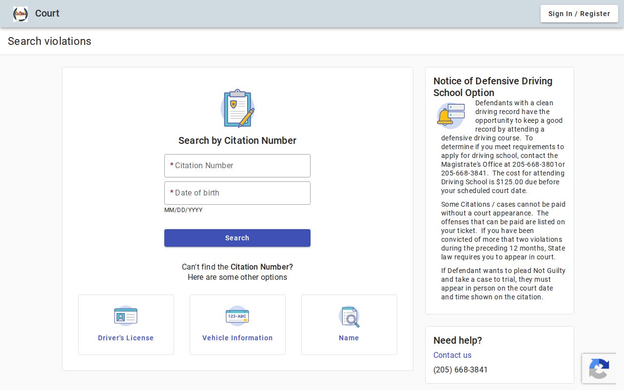 Calera court docket violation search screen