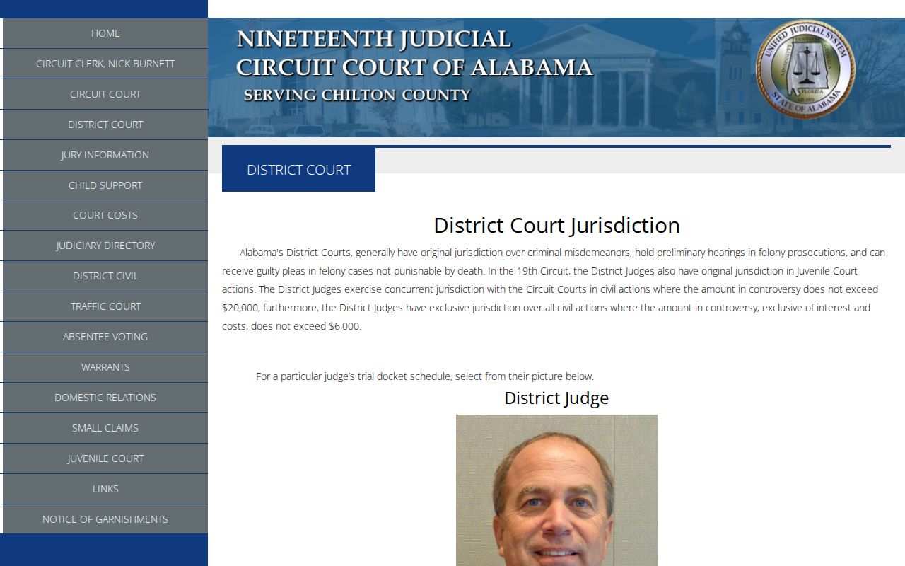 Chilton County court docket page for District Court